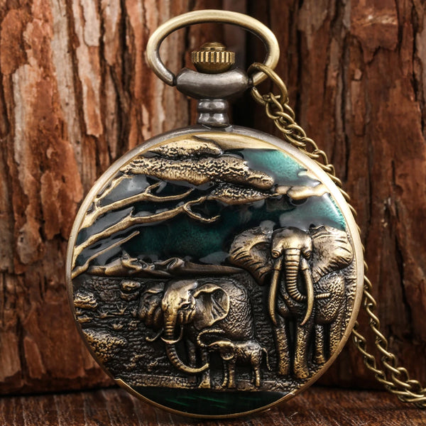 Vintage Vivid Elephant Pattern Quartz Bronze Pocket Watch