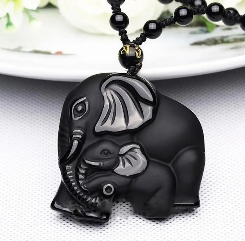 Natural Obsidian Elephant Necklace