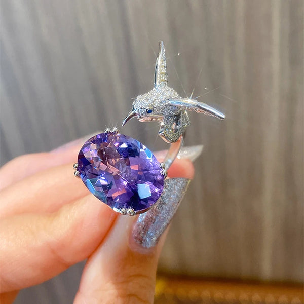 Stunning Silver Purple Amethyst Crystal Bird Ring