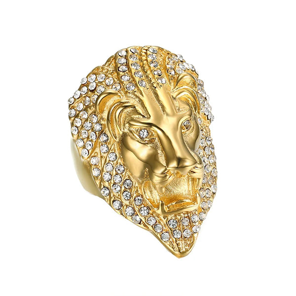 Hip Hop Bling Iced Out Gold Stainless Steel Lion Rings