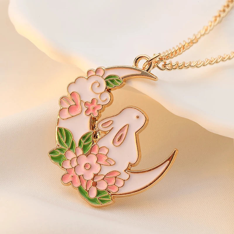 Cute Rose Moon Bunny Necklace