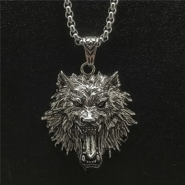 Stunning Vintage Stainless Steel Wolf Head Necklace