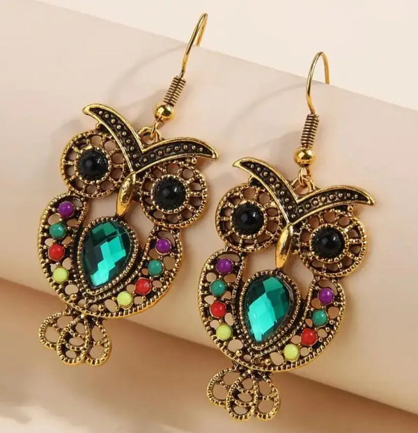Vintage Colorful Diamond Owl Earrings
