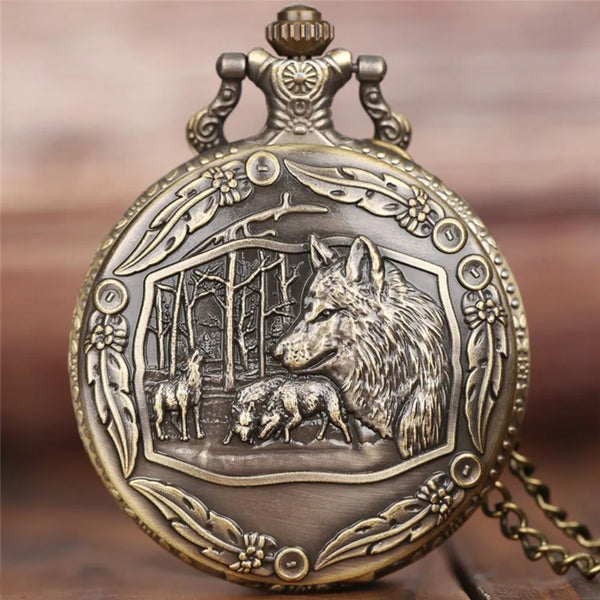 Vintage Bronze Wolf Quartz Pocket Watch