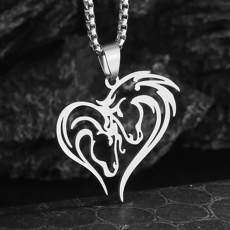 Stainless Steel Heart Shaped Horse Head Necklace