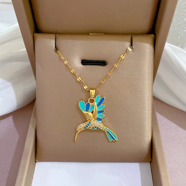 Stainless Steel Blue Hummingbird Pendant Necklace