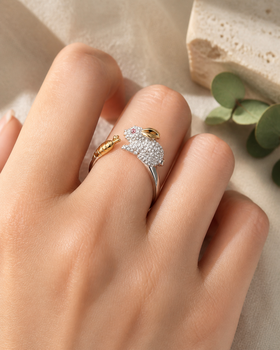 Unique Adjustable Silver Bunny and Carrot Crystal Ring