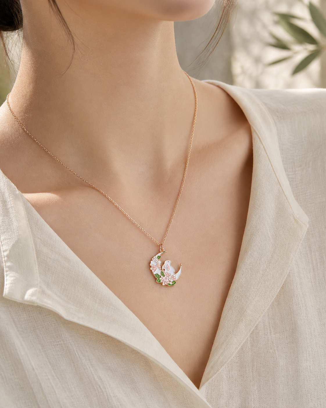 Cute Rose Moon Bunny Necklace