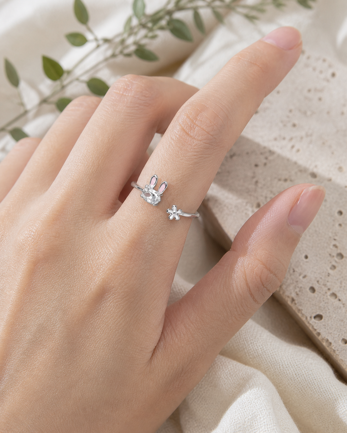 Cute White Diamond Bunny Rings