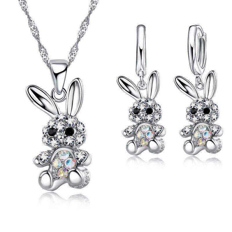 Gorgeous CZ Crystal Rabbit Necklace (S925 Silver Chain) and Earrings Set-Animals Realm