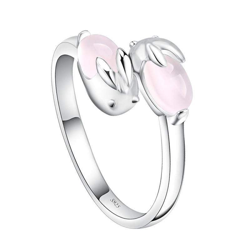 Gorgeous Silver Plated Double Pink Bunny Ring-Animals Realm