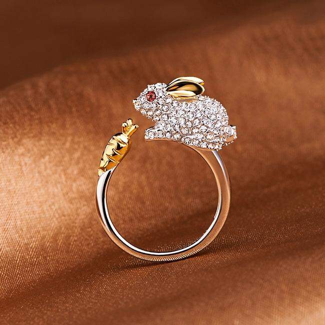 Unique Adjustable Silver Plated Bunny and Carrot Crystal Ring-Animals Realm