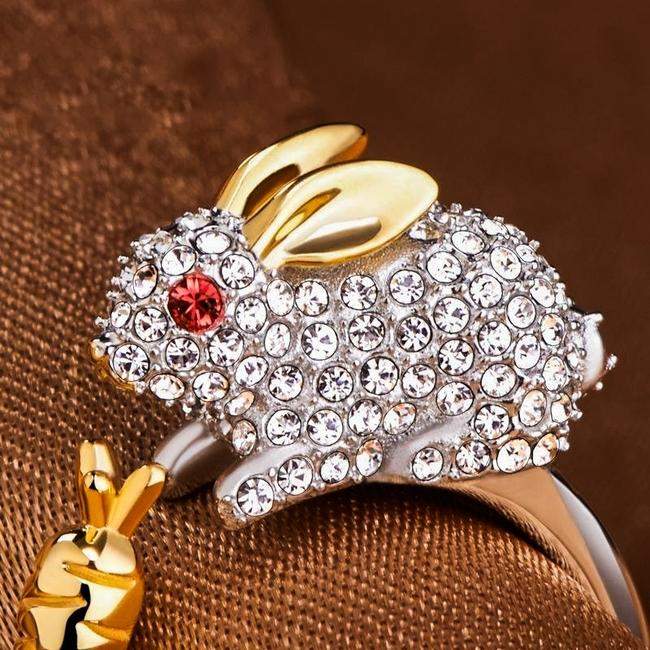 Unique Adjustable Silver Plated Bunny and Carrot Crystal Ring-Animals Realm