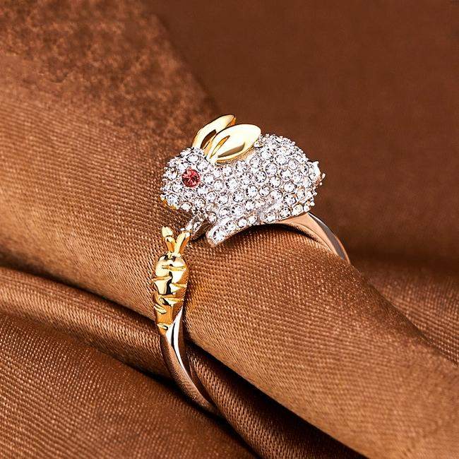 Unique Adjustable Silver Plated Bunny and Carrot Crystal Ring-Animals Realm