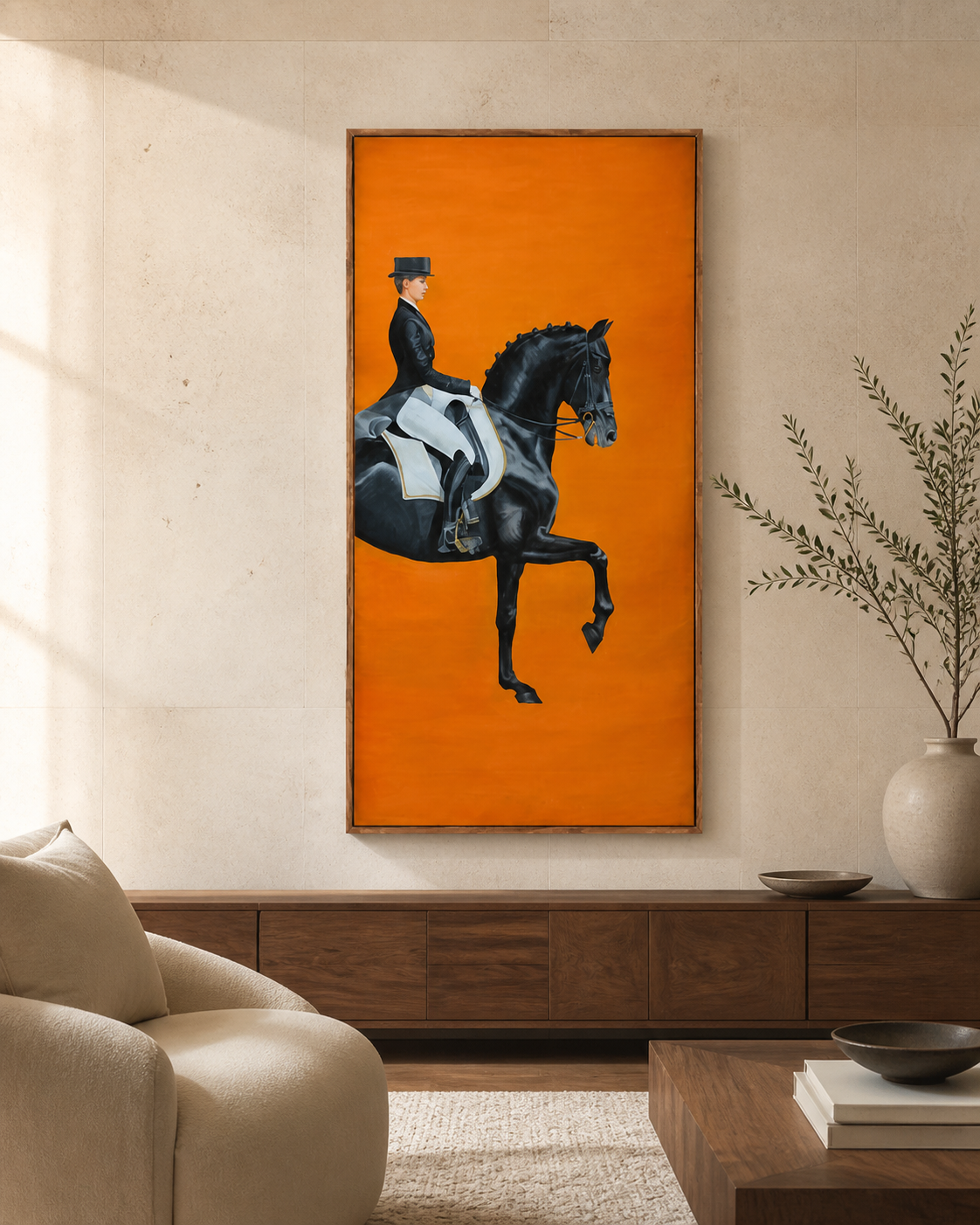Warm interior featuring horse-inspired wall art